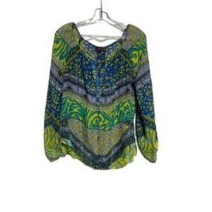 Hale Bob Women's Pull On Top Pop Over Boho Silk Blend Blue Green Size XS